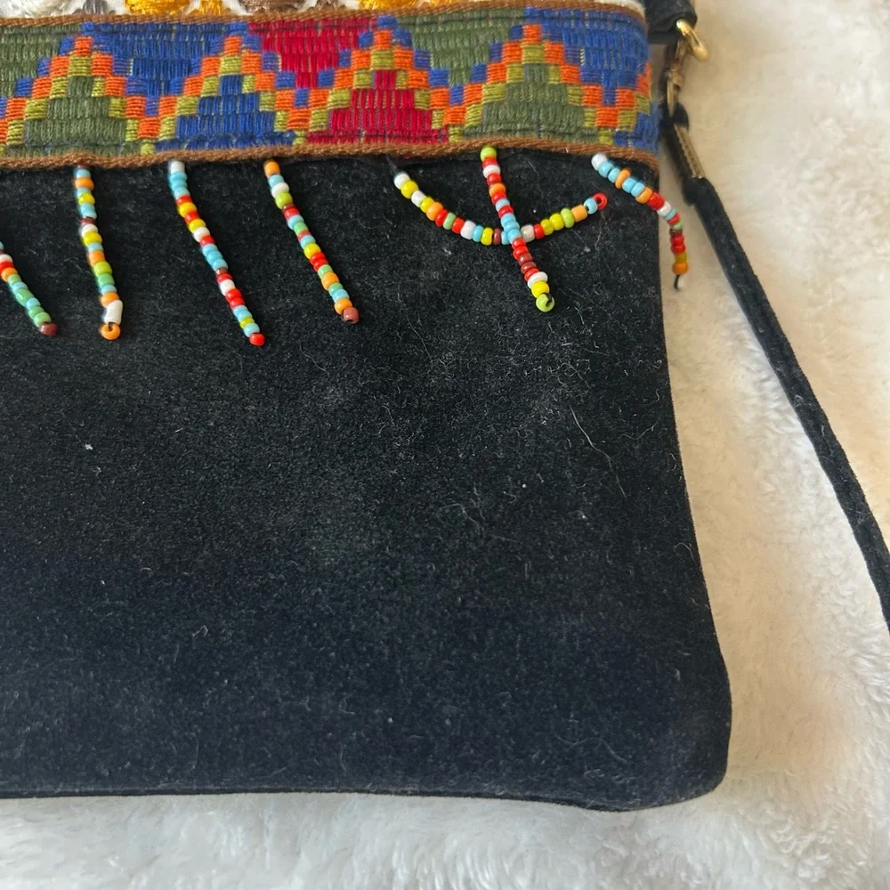 Boho Black Suede Crossbody Bag with Multicolor Beaded Trim - Picture 12 of 14